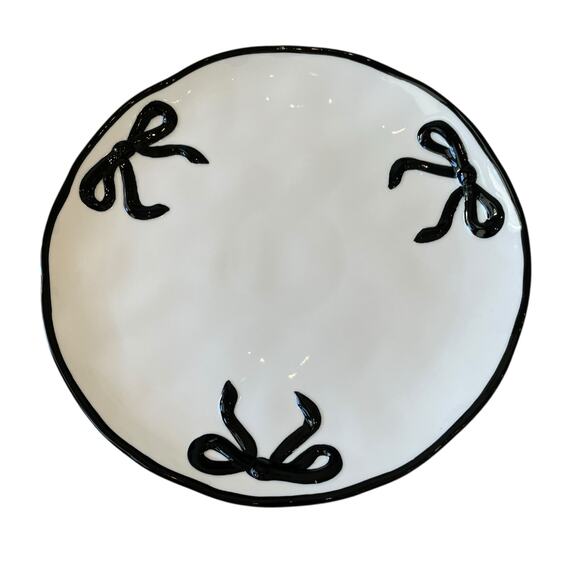 Hand Painted Coquette Black Bow Dinner Plates 10.25in White Ceramic Set of 4 NEW